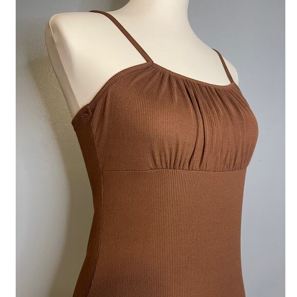 See You Monday Small Dress Short Ribbed Cami Brown Fitted Mini Bodycon Tank - Picture 3 of 5
